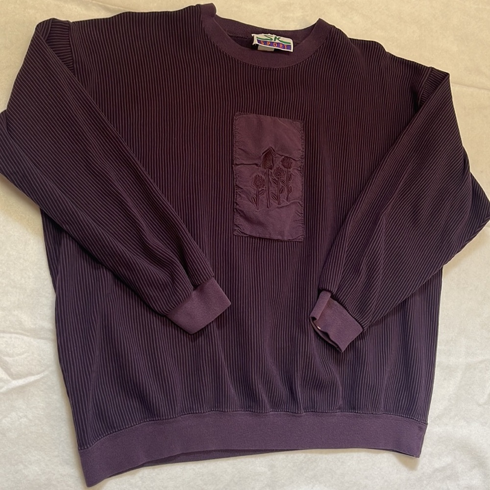 Vintage SK Sport XL Crewneck Long Sleeve Shirt Eggplant Purple Ribbed USA Cotton